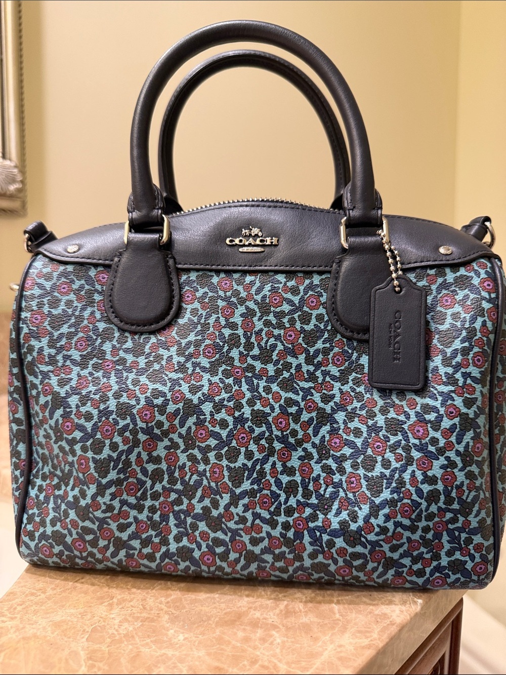 Coach Floral Rowan Satchel - navy, light blue, burgundy floral